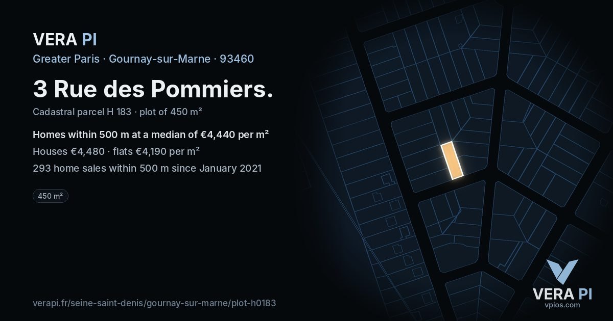 3 Rue des Pommiers, Gournay-sur-Marne at night – the plot lit, the parcels around coloured by the prices near them
