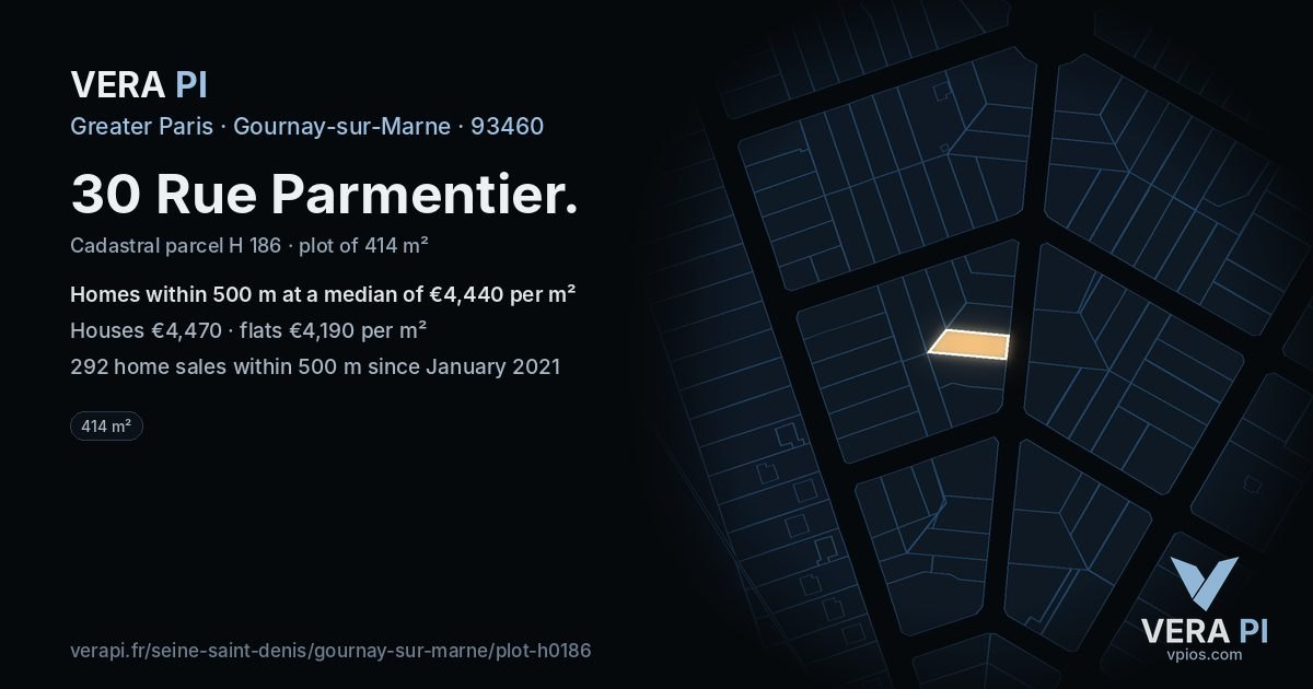 30 Rue Parmentier, Gournay-sur-Marne at night – the plot lit, the parcels around coloured by the prices near them