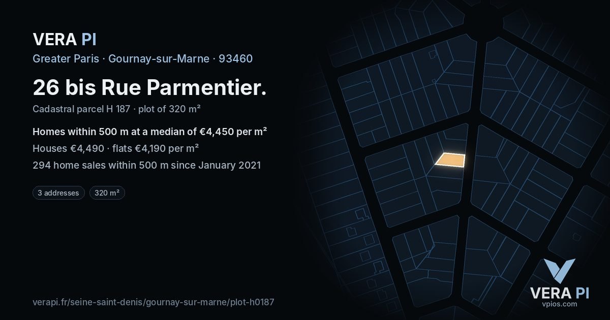 26 bis Rue Parmentier, Gournay-sur-Marne at night – the plot lit, the parcels around coloured by the prices near them
