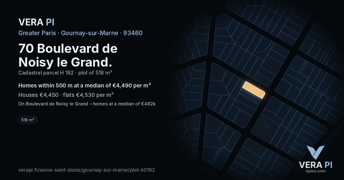 70 Boulevard de Noisy le Grand, Gournay-sur-Marne at night – the plot lit, the parcels around coloured by the prices near them