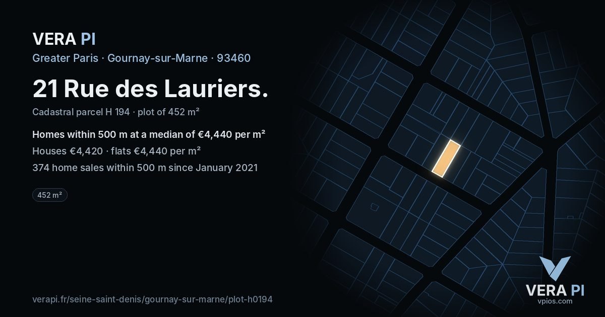 21 Rue des Lauriers, Gournay-sur-Marne at night – the plot lit, the parcels around coloured by the prices near them