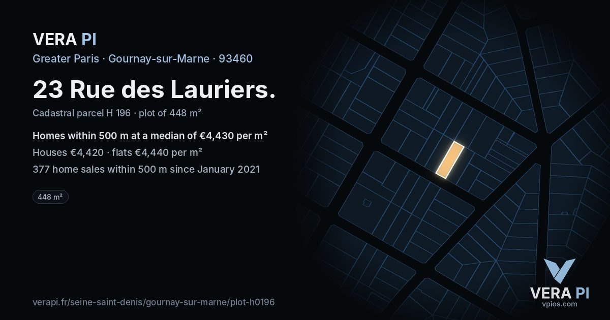 23 Rue des Lauriers, Gournay-sur-Marne at night – the plot lit, the parcels around coloured by the prices near them