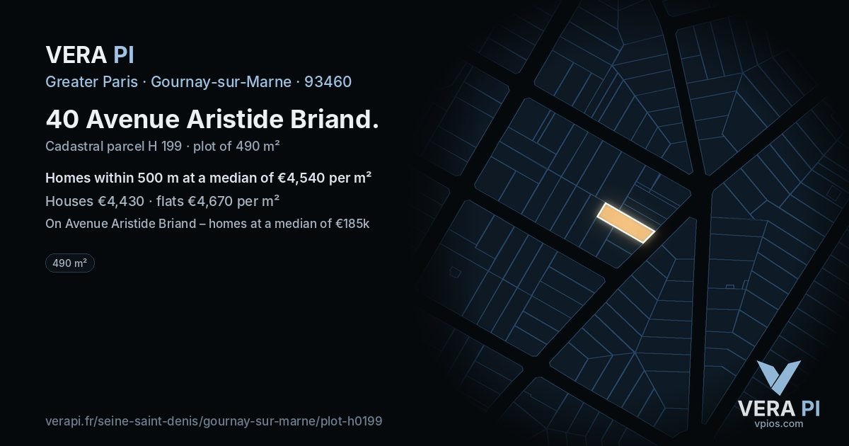 40 Avenue Aristide Briand, Gournay-sur-Marne at night – the plot lit, the parcels around coloured by the prices near them