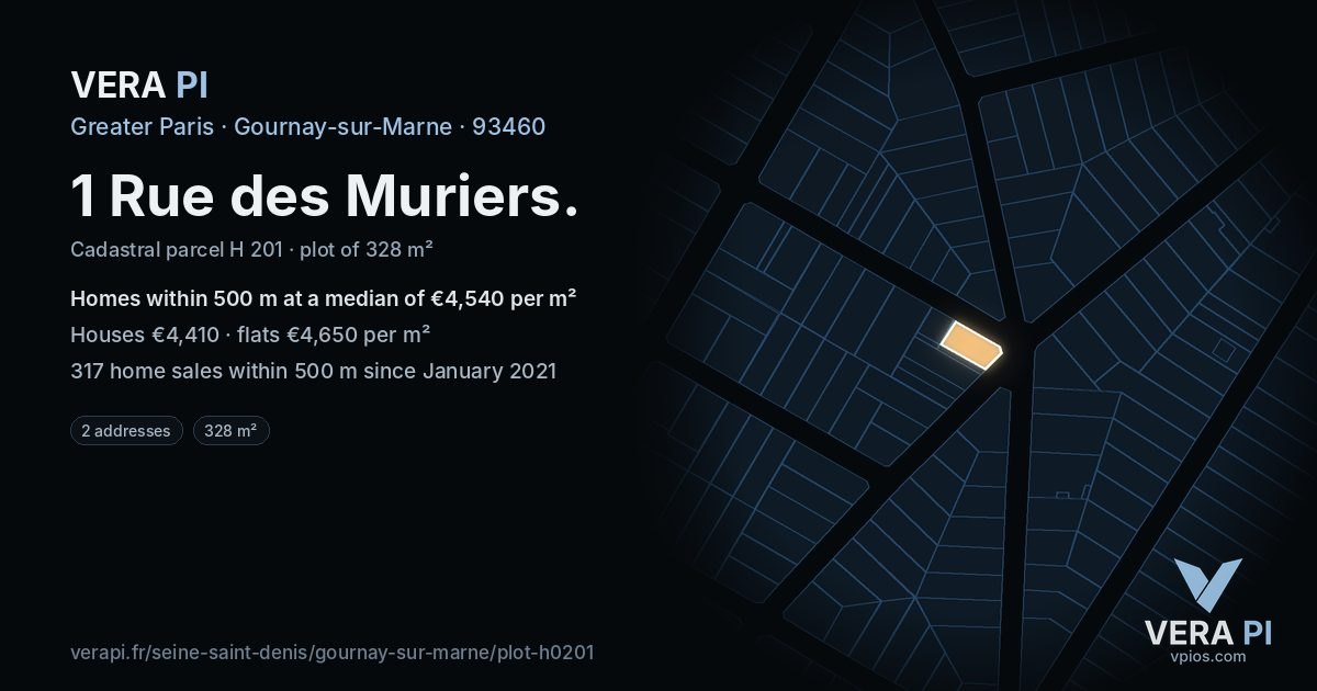 1 Rue des Muriers, Gournay-sur-Marne at night – the plot lit, the parcels around coloured by the prices near them