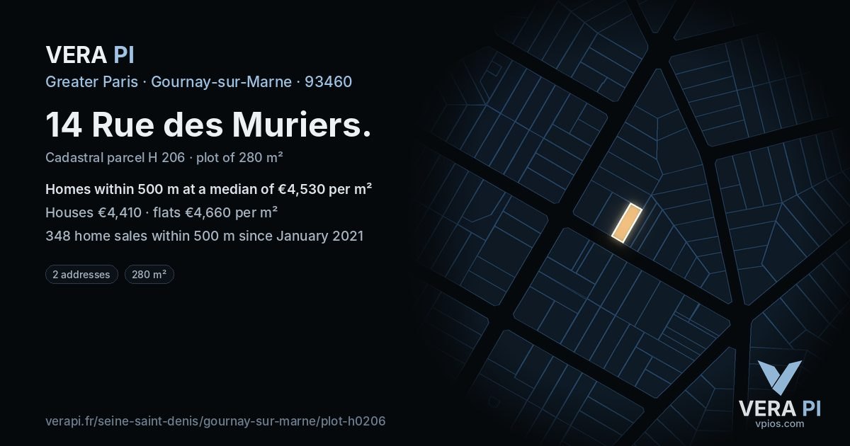 14 Rue des Muriers, Gournay-sur-Marne at night – the plot lit, the parcels around coloured by the prices near them