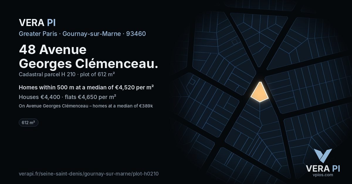 48 Avenue Georges Clémenceau, Gournay-sur-Marne at night – the plot lit, the parcels around coloured by the prices near them