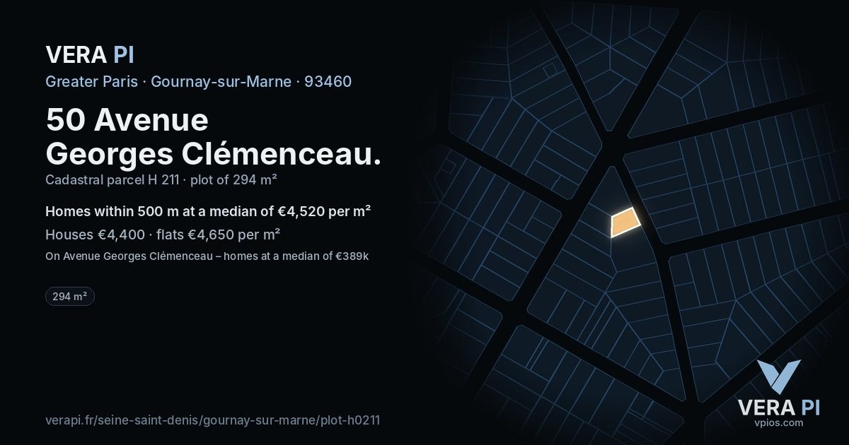 50 Avenue Georges Clémenceau, Gournay-sur-Marne at night – the plot lit, the parcels around coloured by the prices near them