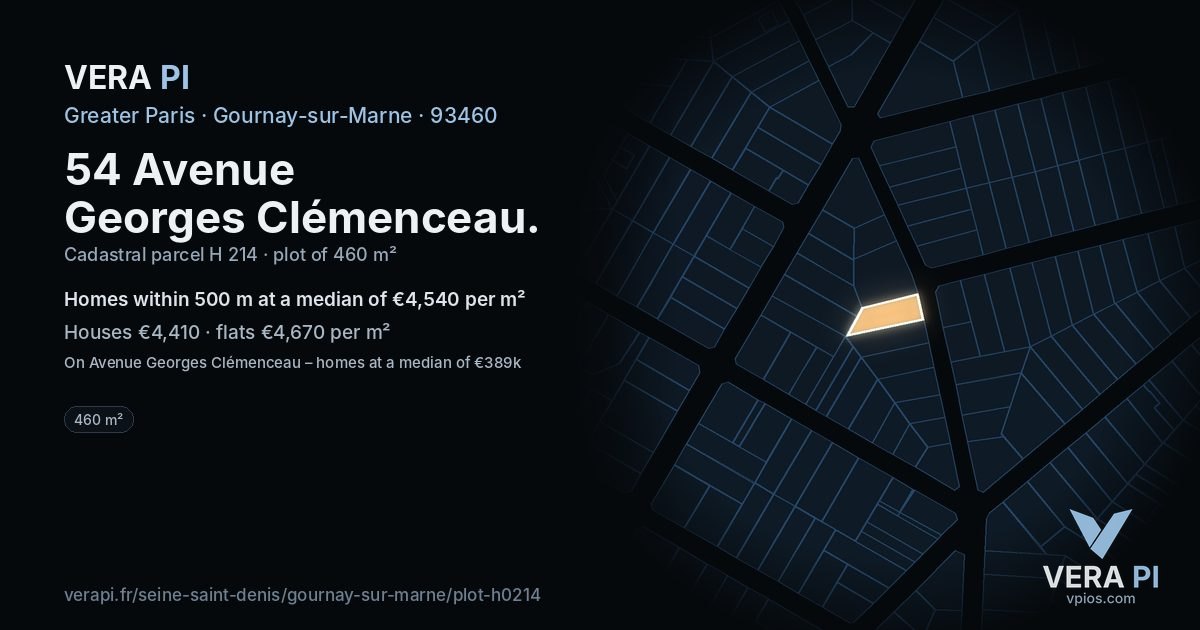 54 Avenue Georges Clémenceau, Gournay-sur-Marne at night – the plot lit, the parcels around coloured by the prices near them