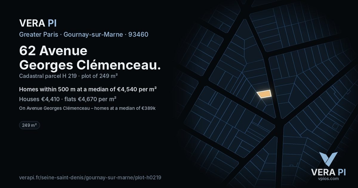 62 Avenue Georges Clémenceau, Gournay-sur-Marne at night – the plot lit, the parcels around coloured by the prices near them