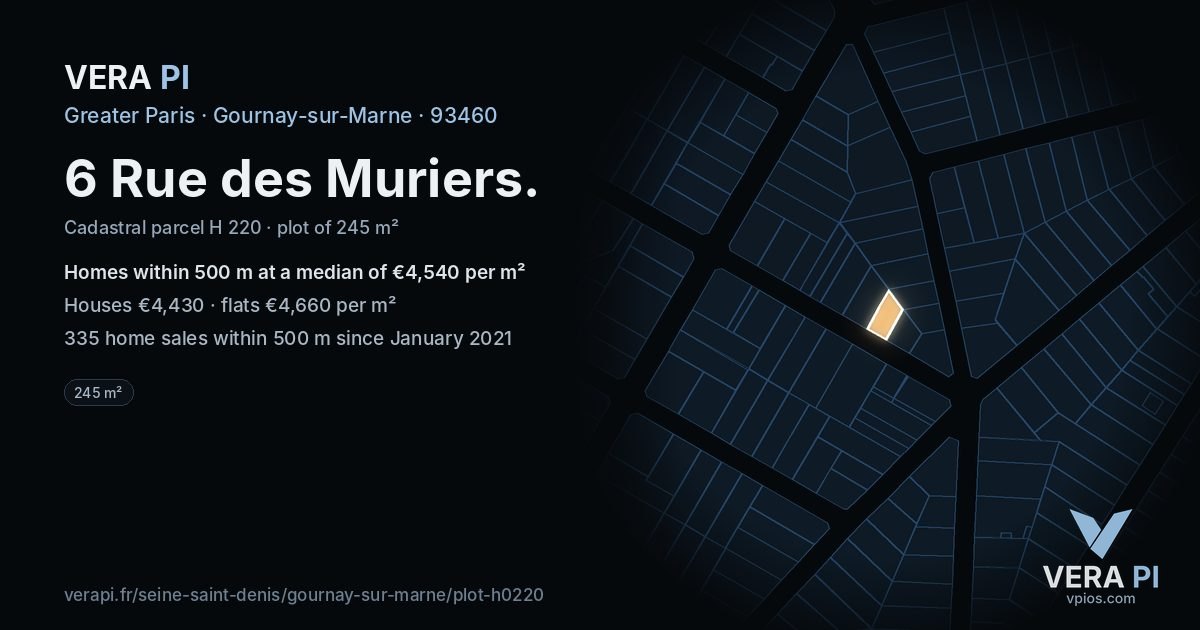 6 Rue des Muriers, Gournay-sur-Marne at night – the plot lit, the parcels around coloured by the prices near them