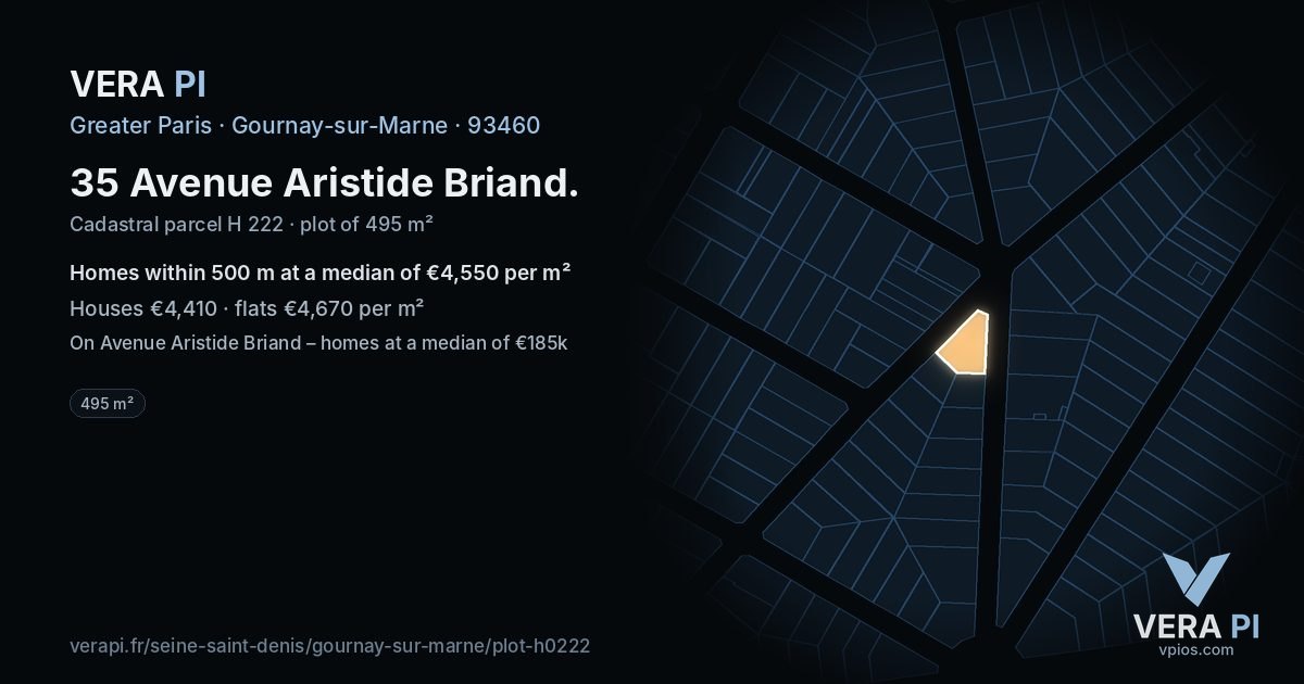 35 Avenue Aristide Briand, Gournay-sur-Marne at night – the plot lit, the parcels around coloured by the prices near them