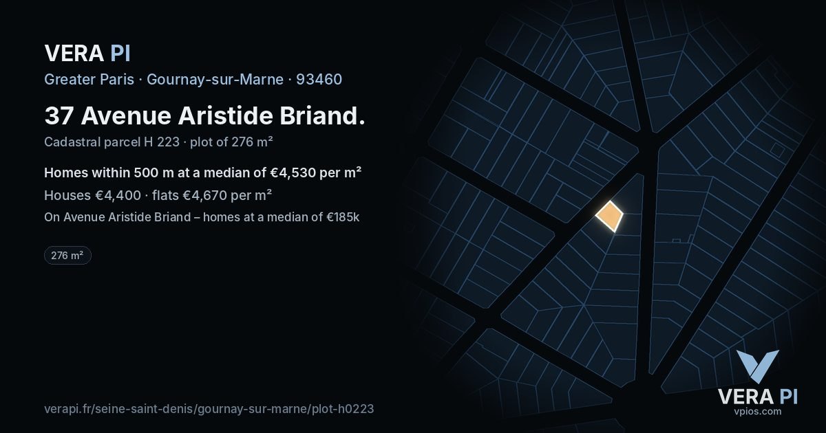37 Avenue Aristide Briand, Gournay-sur-Marne at night – the plot lit, the parcels around coloured by the prices near them