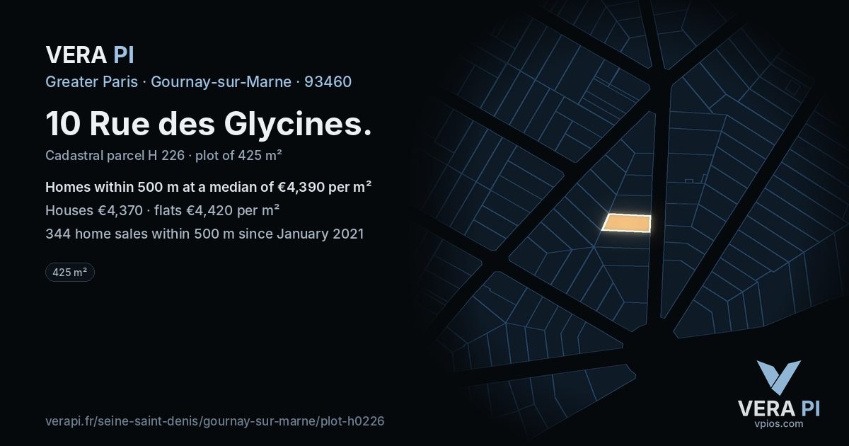 10 Rue des Glycines, Gournay-sur-Marne at night – the plot lit, the parcels around coloured by the prices near them