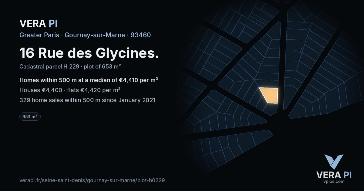 16 Rue des Glycines, Gournay-sur-Marne at night – the plot lit, the parcels around coloured by the prices near them
