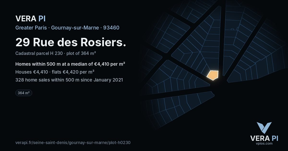 29 Rue des Rosiers, Gournay-sur-Marne at night – the plot lit, the parcels around coloured by the prices near them