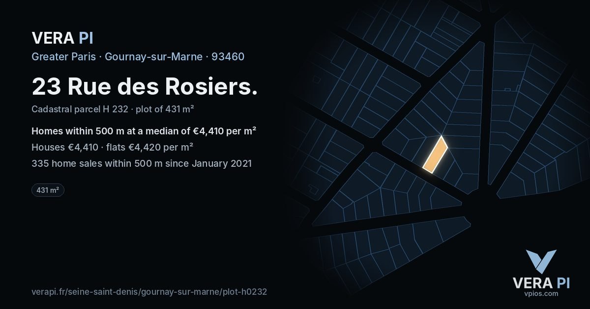 23 Rue des Rosiers, Gournay-sur-Marne at night – the plot lit, the parcels around coloured by the prices near them
