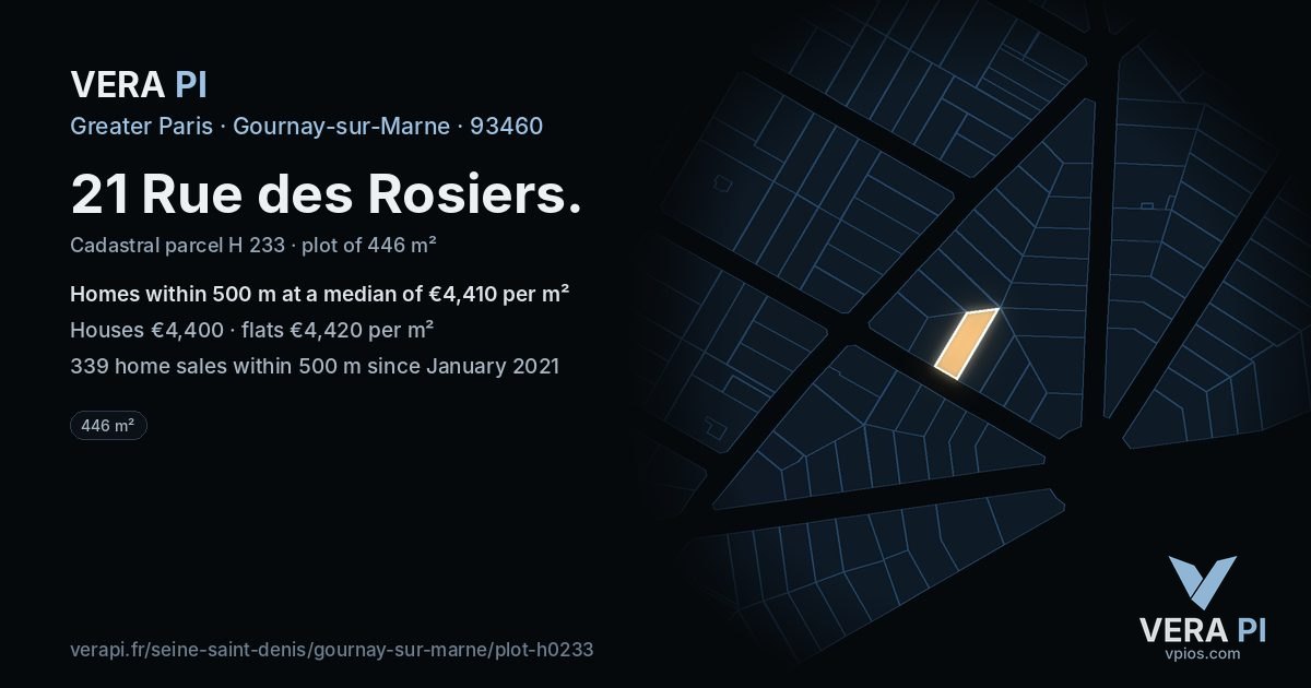 21 Rue des Rosiers, Gournay-sur-Marne at night – the plot lit, the parcels around coloured by the prices near them