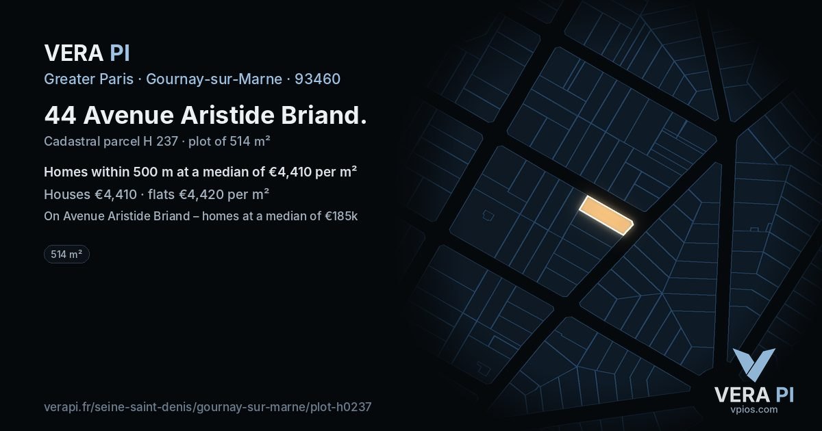 44 Avenue Aristide Briand, Gournay-sur-Marne at night – the plot lit, the parcels around coloured by the prices near them