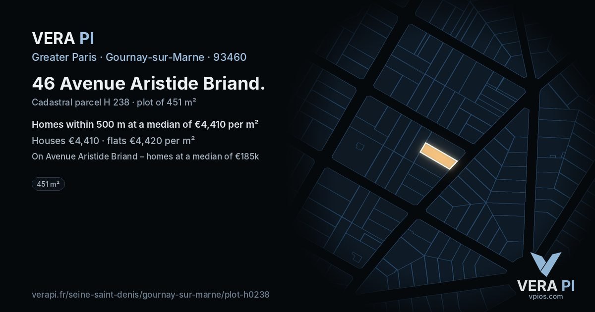 46 Avenue Aristide Briand, Gournay-sur-Marne at night – the plot lit, the parcels around coloured by the prices near them