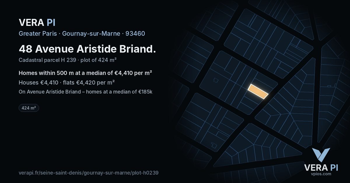 48 Avenue Aristide Briand, Gournay-sur-Marne at night – the plot lit, the parcels around coloured by the prices near them