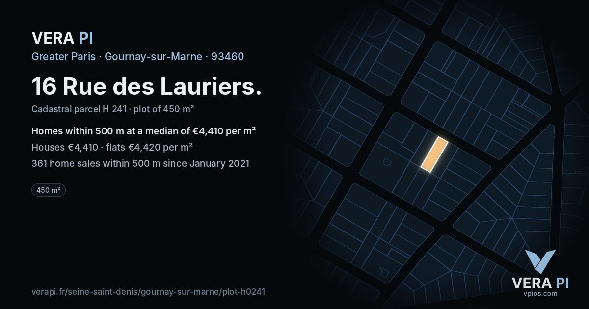 16 Rue des Lauriers, Gournay-sur-Marne at night – the plot lit, the parcels around coloured by the prices near them
