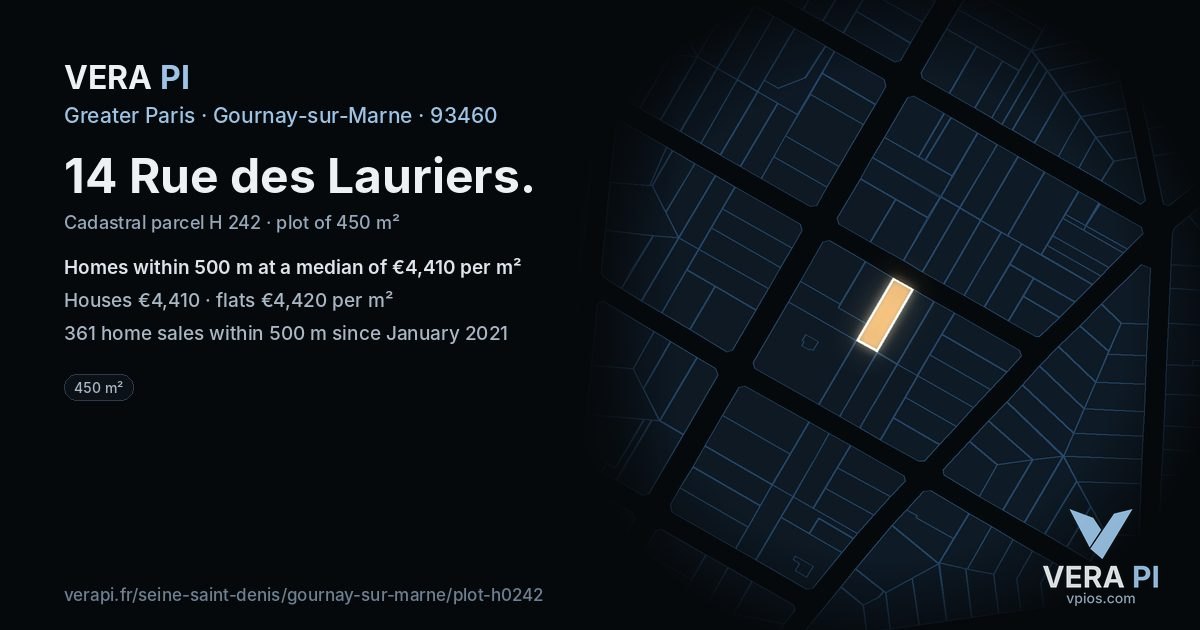 14 Rue des Lauriers, Gournay-sur-Marne at night – the plot lit, the parcels around coloured by the prices near them