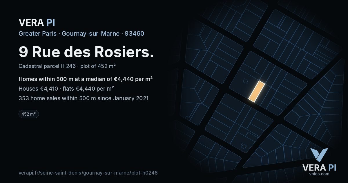 9 Rue des Rosiers, Gournay-sur-Marne at night – the plot lit, the parcels around coloured by the prices near them