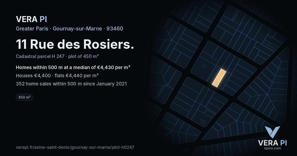 11 Rue des Rosiers, Gournay-sur-Marne at night – the plot lit, the parcels around coloured by the prices near them