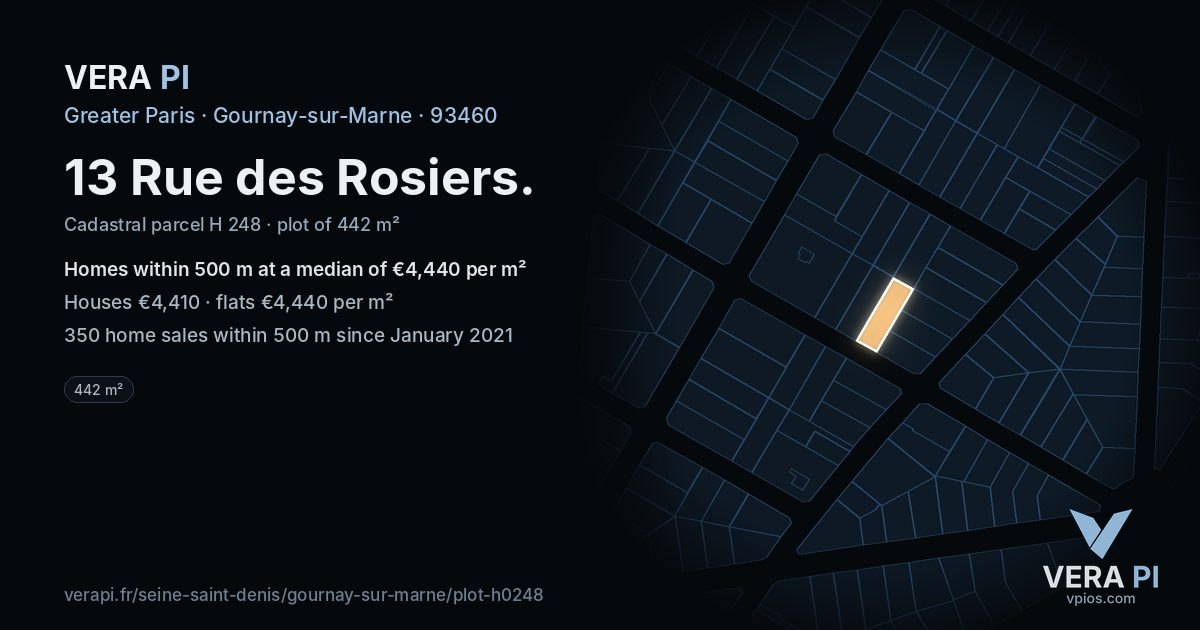 13 Rue des Rosiers, Gournay-sur-Marne at night – the plot lit, the parcels around coloured by the prices near them