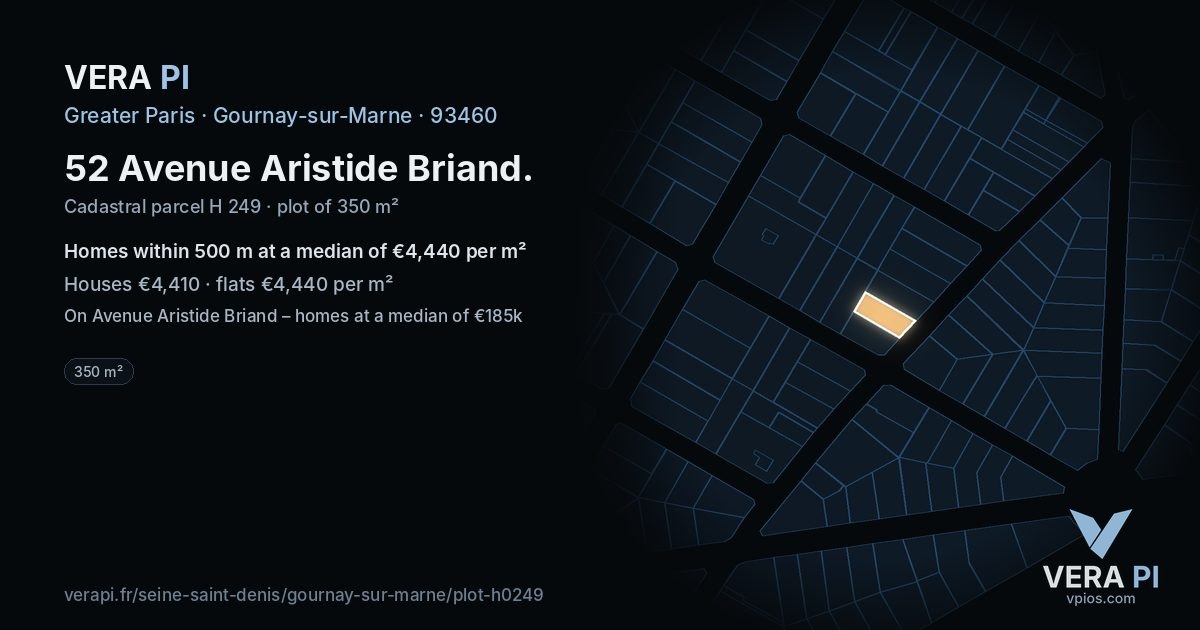 52 Avenue Aristide Briand, Gournay-sur-Marne at night – the plot lit, the parcels around coloured by the prices near them
