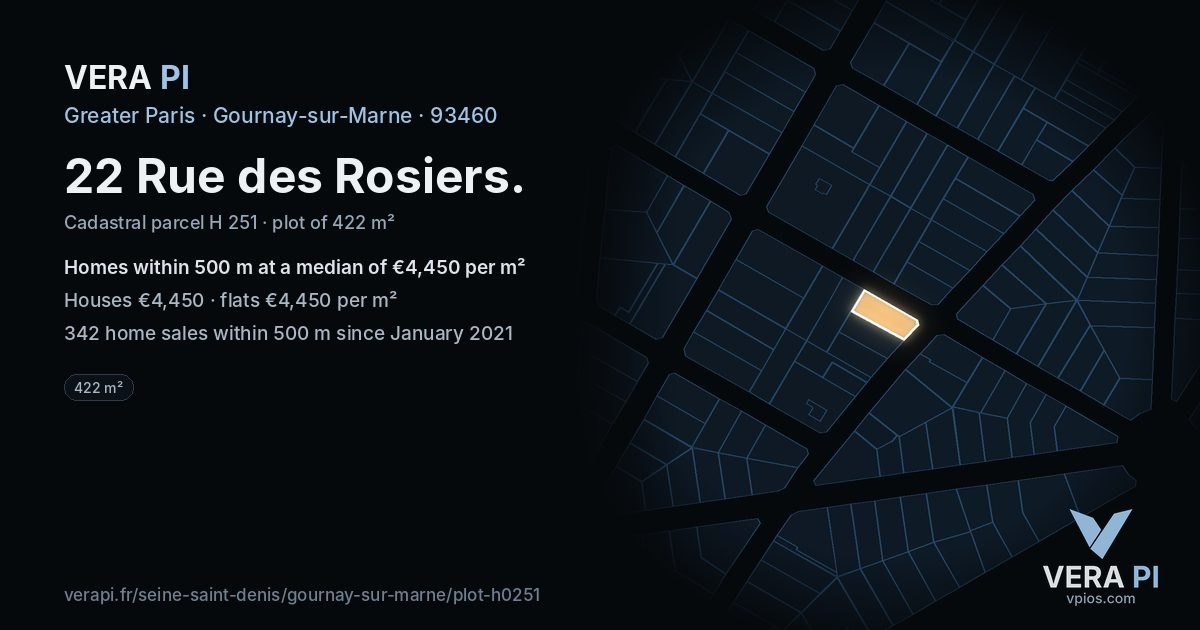 22 Rue des Rosiers, Gournay-sur-Marne at night – the plot lit, the parcels around coloured by the prices near them