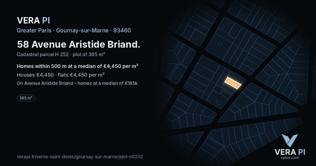 58 Avenue Aristide Briand, Gournay-sur-Marne at night – the plot lit, the parcels around coloured by the prices near them