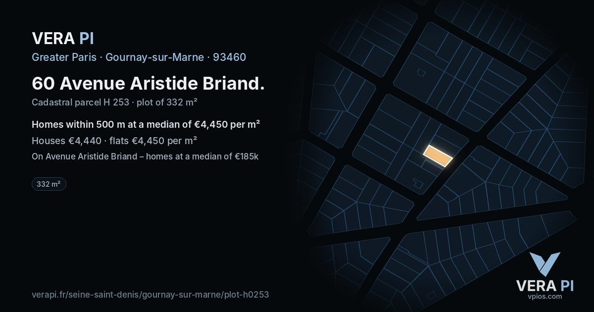 60 Avenue Aristide Briand, Gournay-sur-Marne at night – the plot lit, the parcels around coloured by the prices near them
