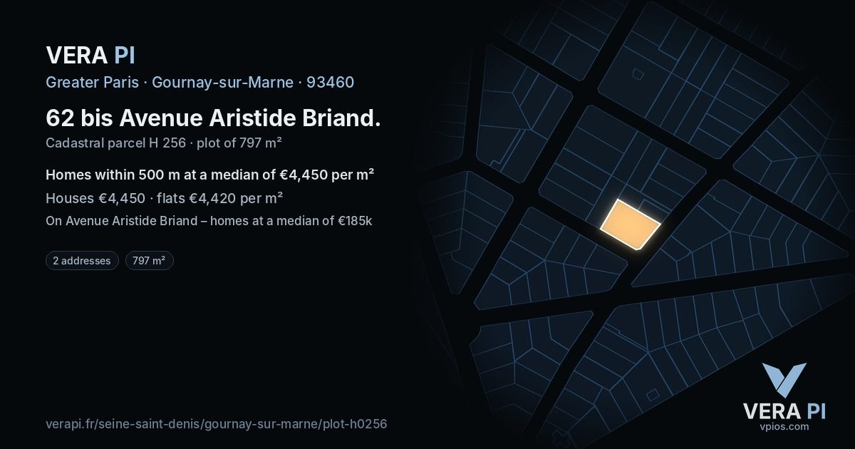 62 bis Avenue Aristide Briand, Gournay-sur-Marne at night – the plot lit, the parcels around coloured by the prices near them