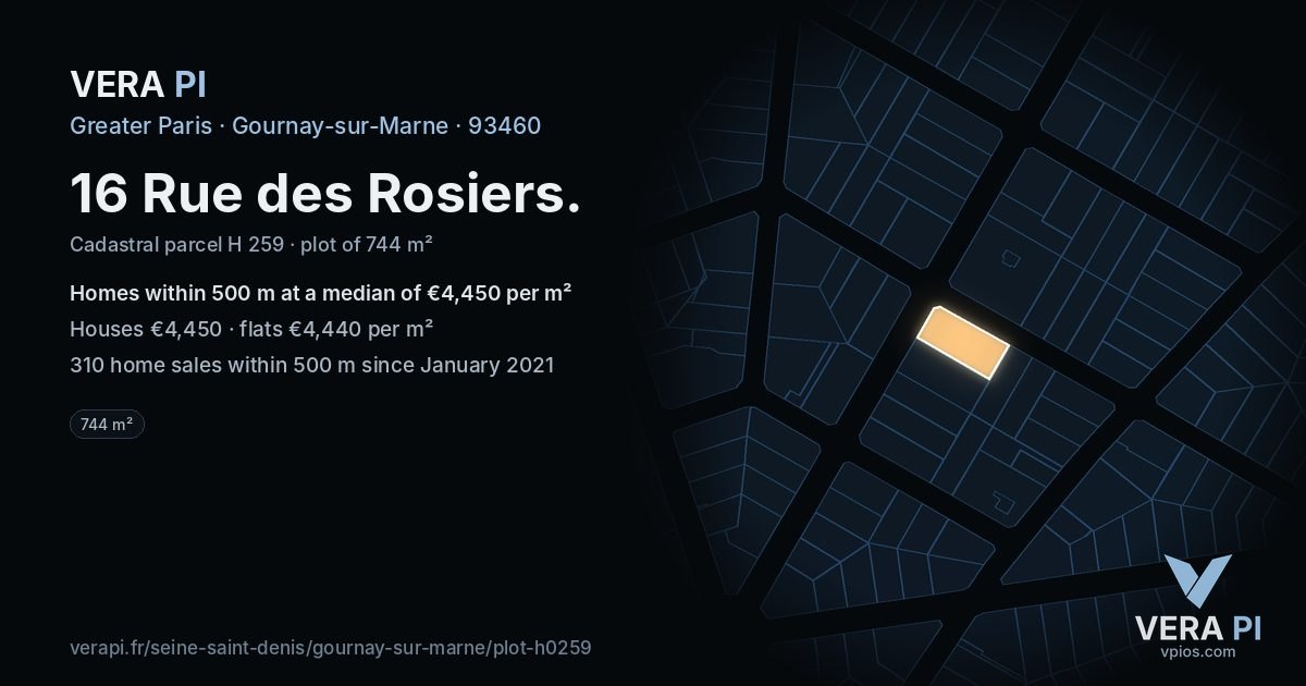 16 Rue des Rosiers, Gournay-sur-Marne at night – the plot lit, the parcels around coloured by the prices near them