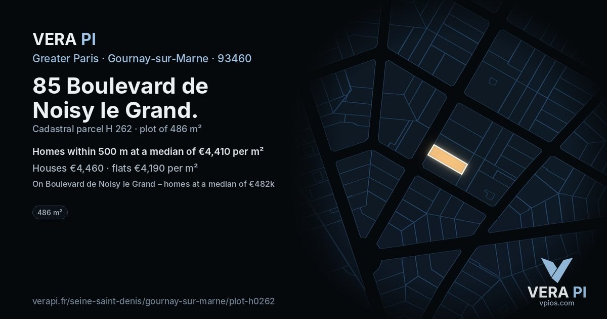 85 Boulevard de Noisy le Grand, Gournay-sur-Marne at night – the plot lit, the parcels around coloured by the prices near them