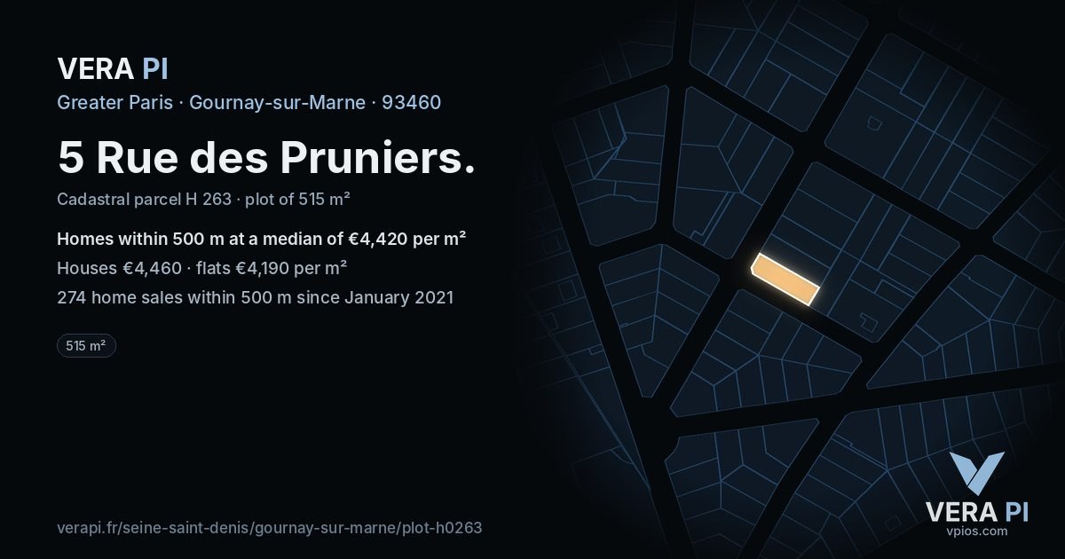 5 Rue des Pruniers, Gournay-sur-Marne at night – the plot lit, the parcels around coloured by the prices near them