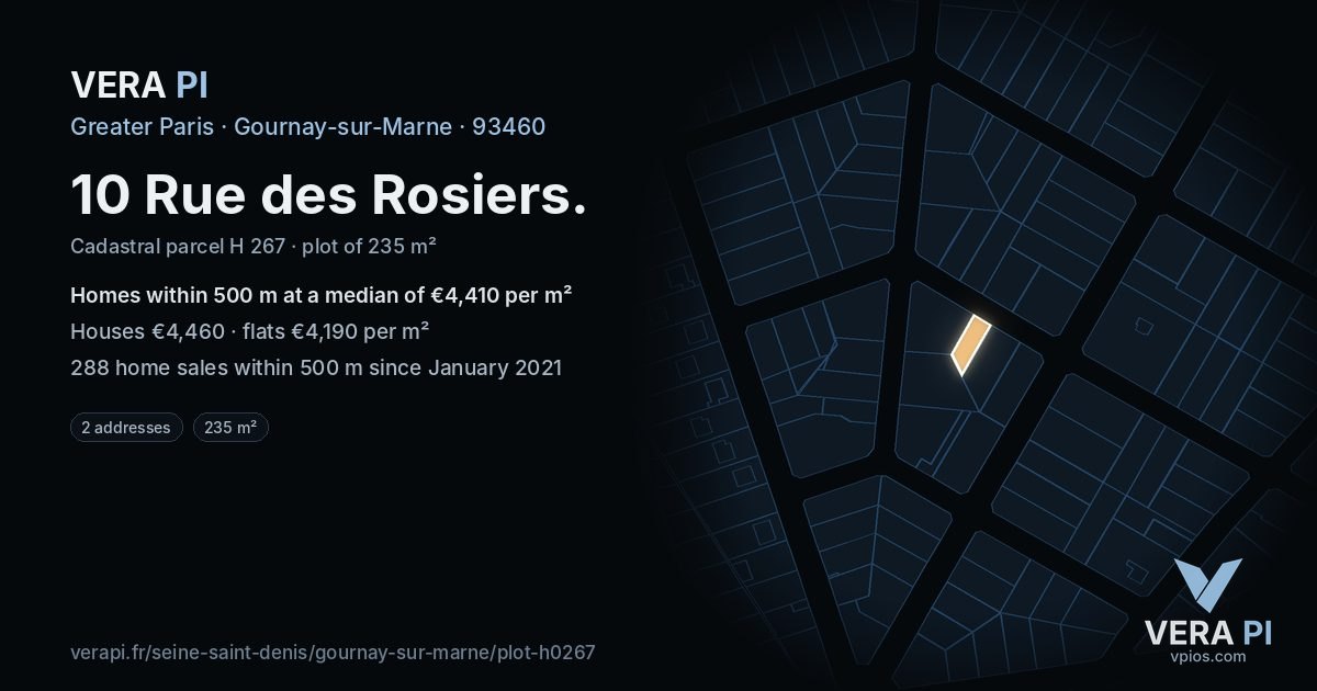10 Rue des Rosiers, Gournay-sur-Marne at night – the plot lit, the parcels around coloured by the prices near them