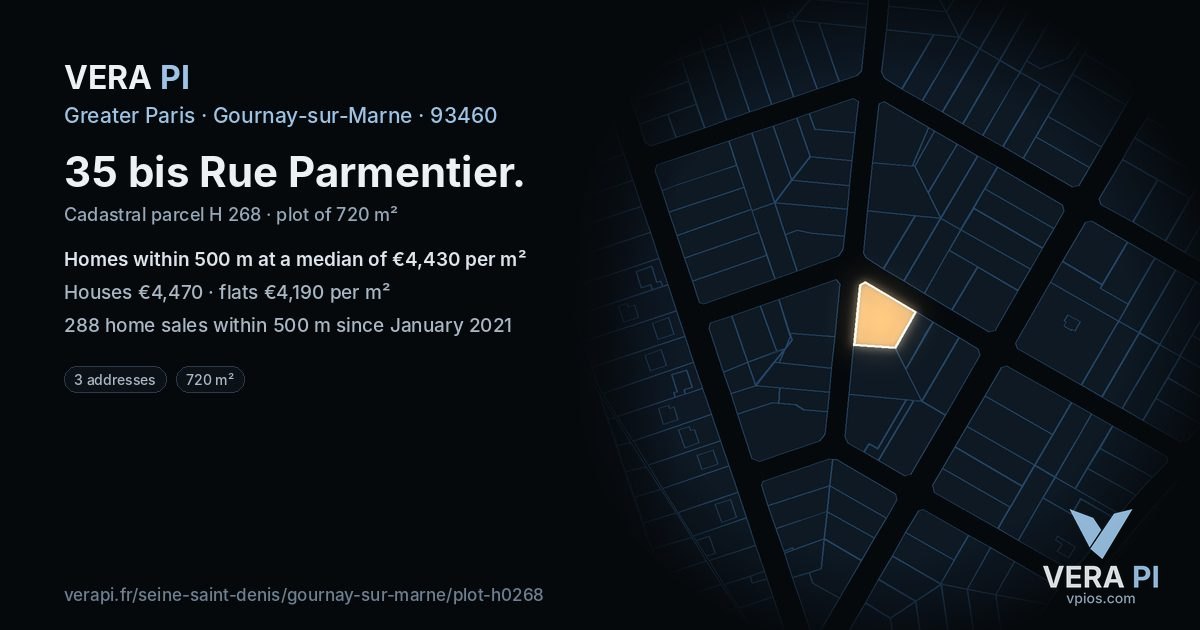 35 bis Rue Parmentier, Gournay-sur-Marne at night – the plot lit, the parcels around coloured by the prices near them