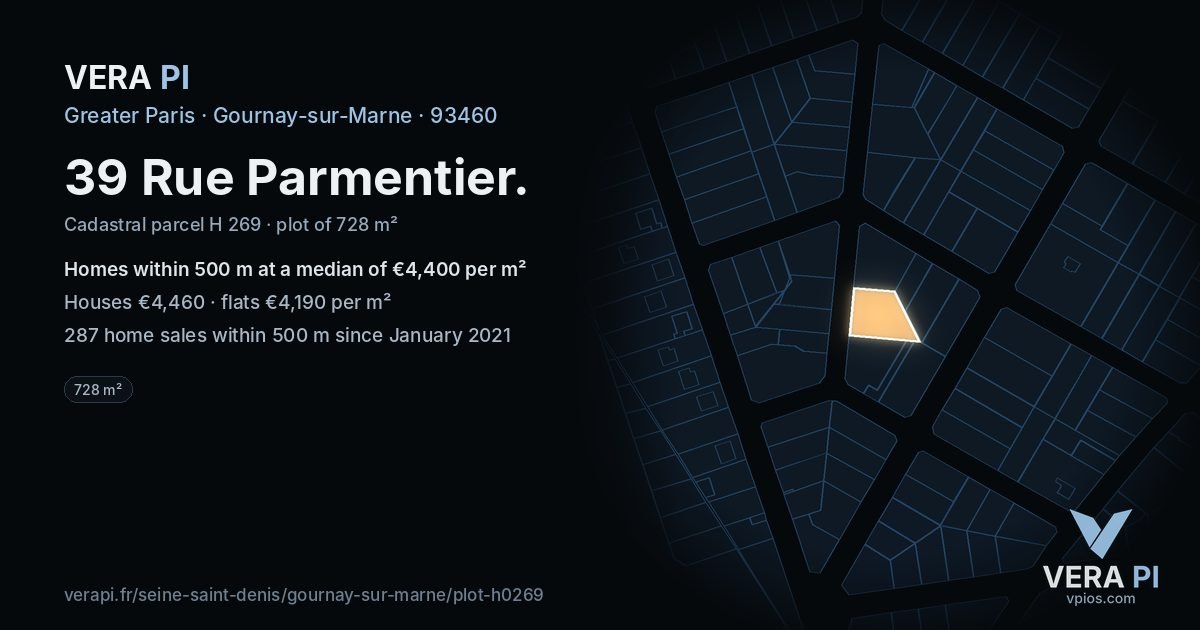 39 Rue Parmentier, Gournay-sur-Marne at night – the plot lit, the parcels around coloured by the prices near them
