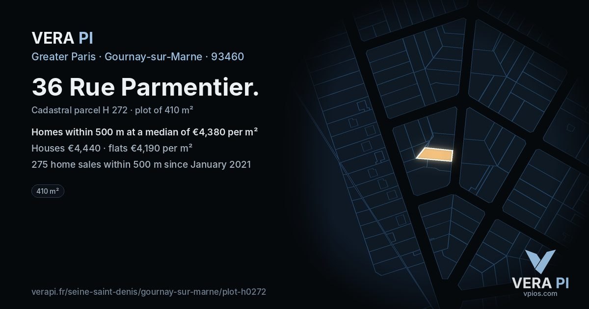 36 Rue Parmentier, Gournay-sur-Marne at night – the plot lit, the parcels around coloured by the prices near them