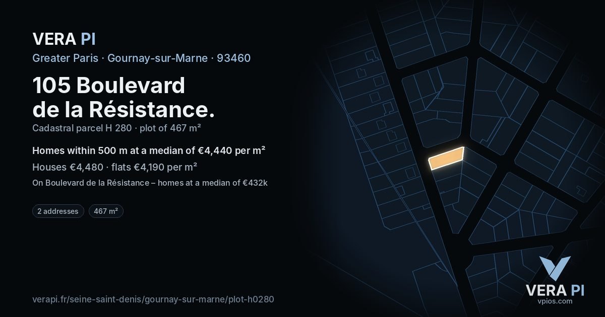 105 Boulevard de la Résistance, Gournay-sur-Marne at night – the plot lit, the parcels around coloured by the prices near them