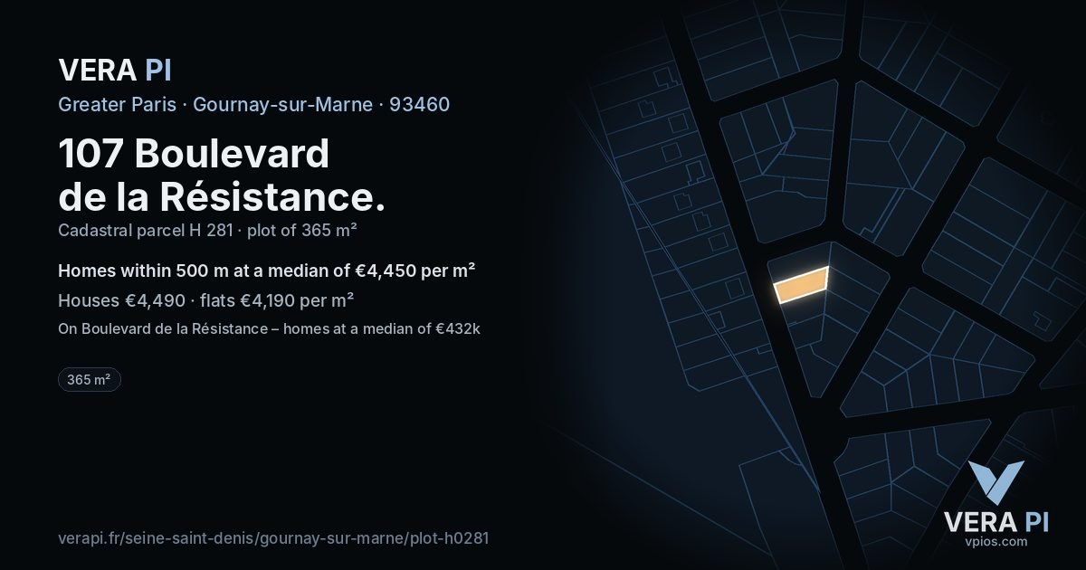 107 Boulevard de la Résistance, Gournay-sur-Marne at night – the plot lit, the parcels around coloured by the prices near them