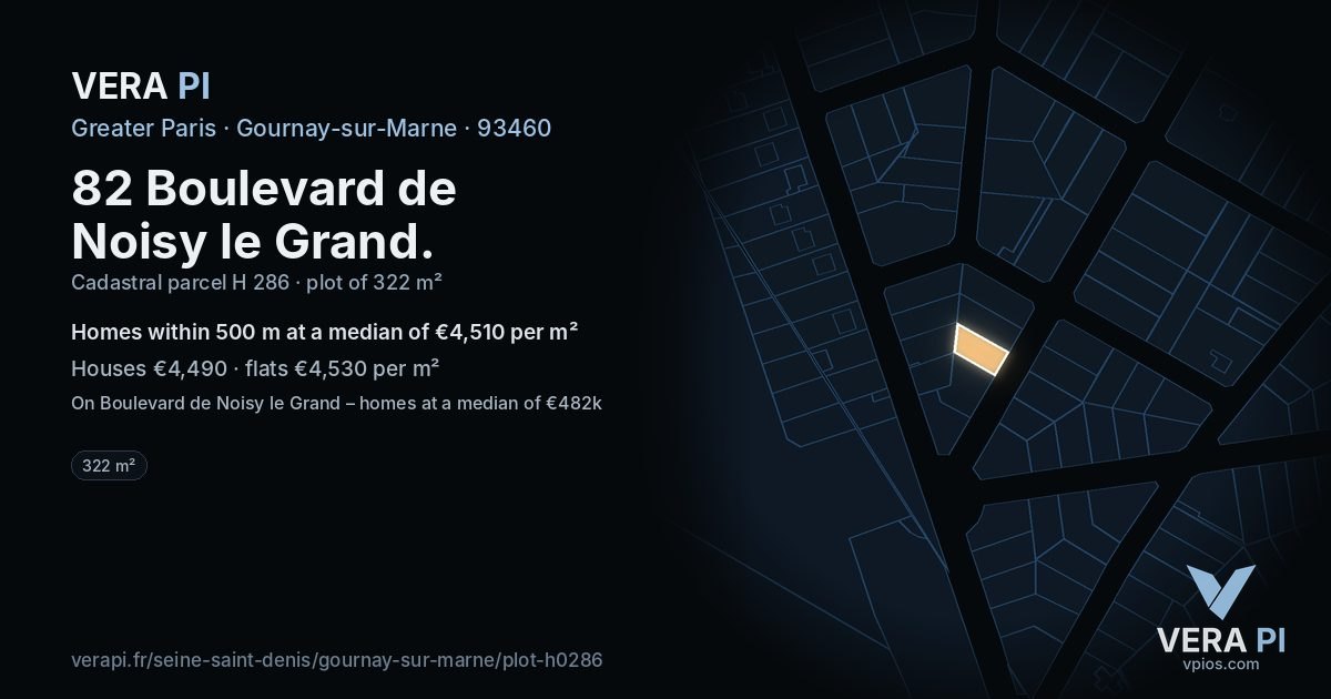 82 Boulevard de Noisy le Grand, Gournay-sur-Marne at night – the plot lit, the parcels around coloured by the prices near them