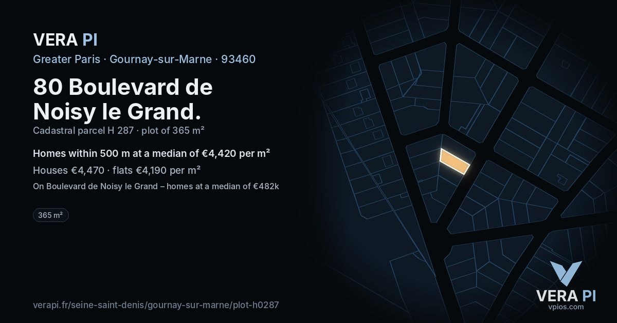 80 Boulevard de Noisy le Grand, Gournay-sur-Marne at night – the plot lit, the parcels around coloured by the prices near them