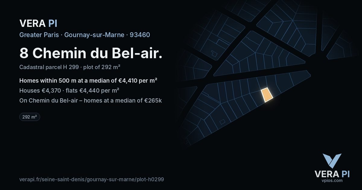 8 Chemin du Bel-air, Gournay-sur-Marne at night – the plot lit, the parcels around coloured by the prices near them