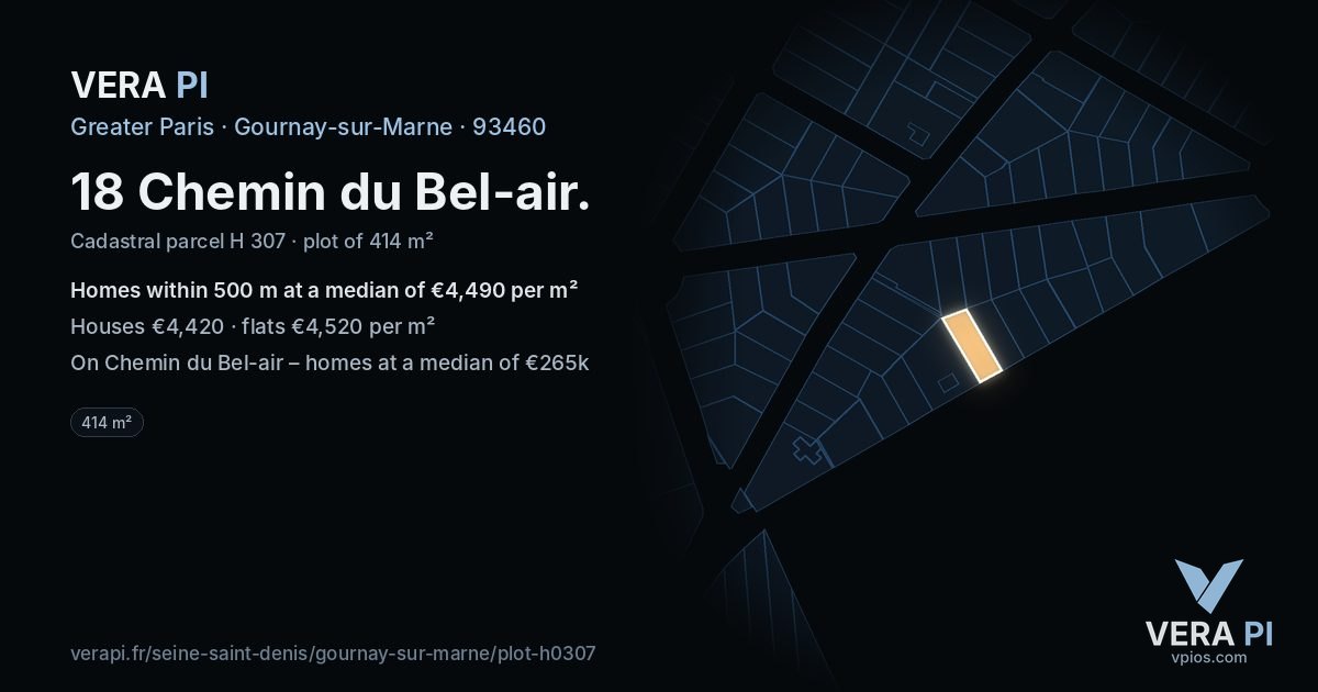 18 Chemin du Bel-air, Gournay-sur-Marne at night – the plot lit, the parcels around coloured by the prices near them
