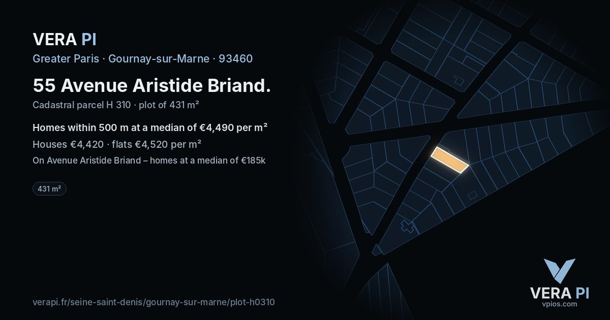 55 Avenue Aristide Briand, Gournay-sur-Marne at night – the plot lit, the parcels around coloured by the prices near them