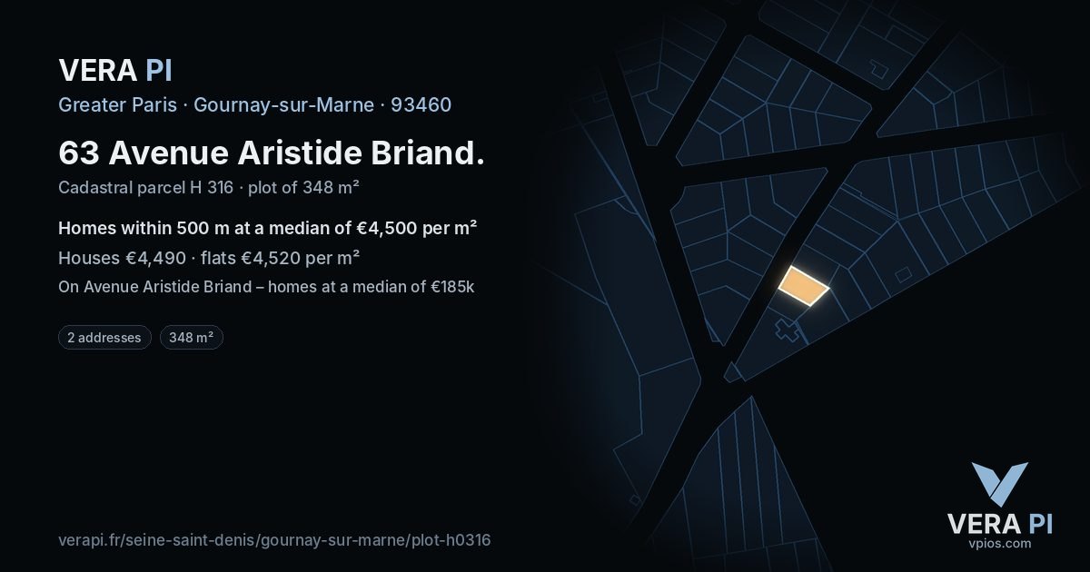 63 Avenue Aristide Briand, Gournay-sur-Marne at night – the plot lit, the parcels around coloured by the prices near them