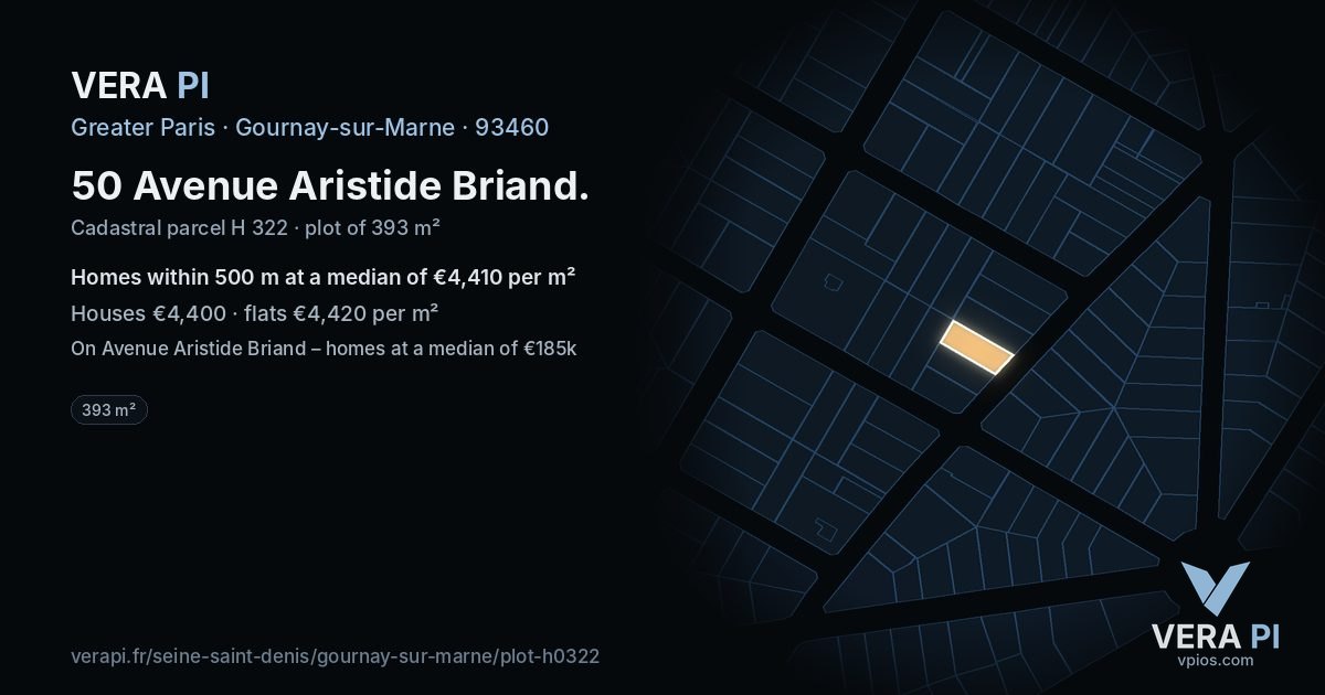 50 Avenue Aristide Briand, Gournay-sur-Marne at night – the plot lit, the parcels around coloured by the prices near them